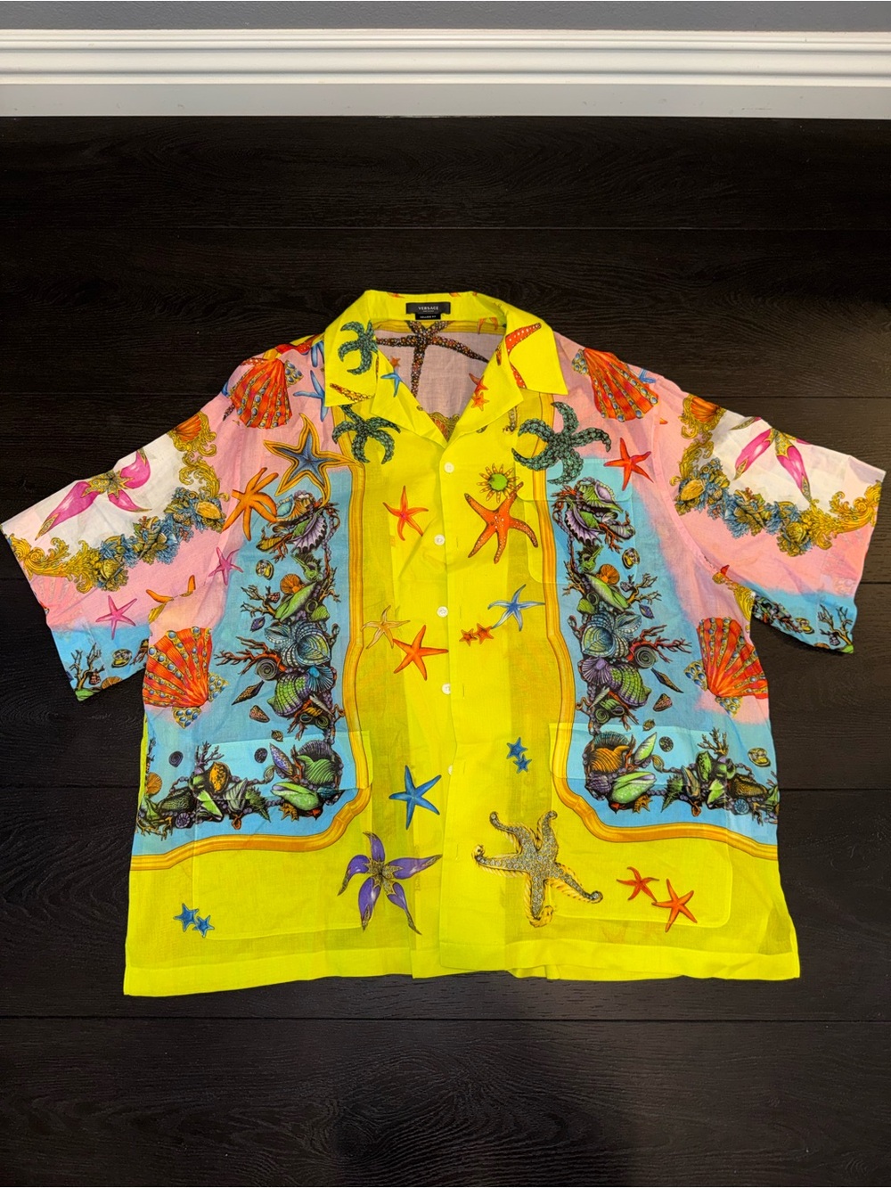 Versace Yellow Multicolor Tropical Print Button-Down Shirt